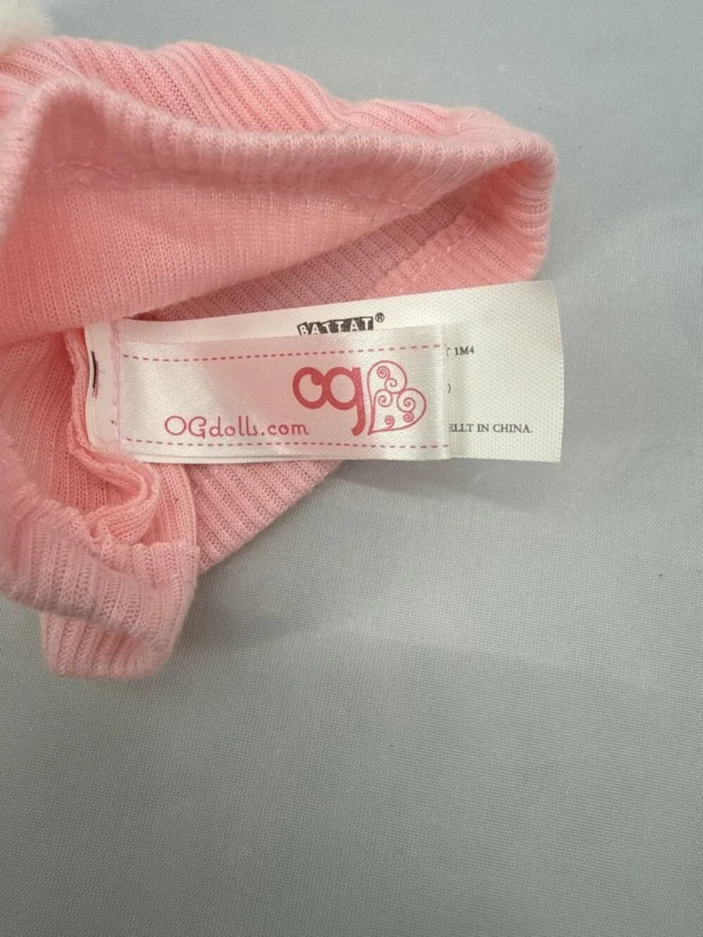 Our Generation Ribbed Knit Pink Baby Beanie Hat White Furry Pom Pom